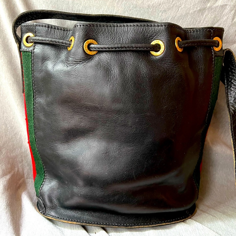 Vintage Gucci Bucket Hobo Sherry Web Drawstring Black Leather Cross Body Bag
